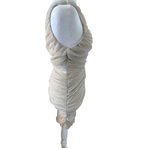 NWT Mestiza One Shoulder Mini Dress Metallic Iridescent Draped Ruched Champagne - Picture 3 of 12